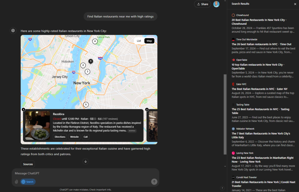 High rating Italian restaurants maps display in ChatGPT Search - Rankingz